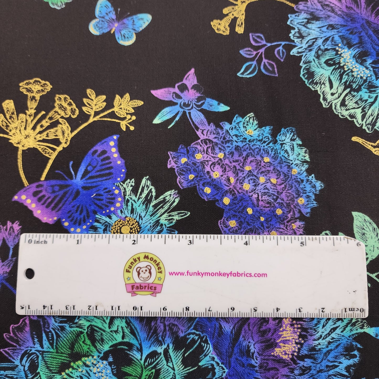 CLEARANCE Black Floral Bird Etching Metallic - Timeless Treasures Cotton