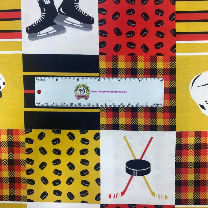 Yellow/Red/White Hockey Patchwork - Mook Fabrics Cotton