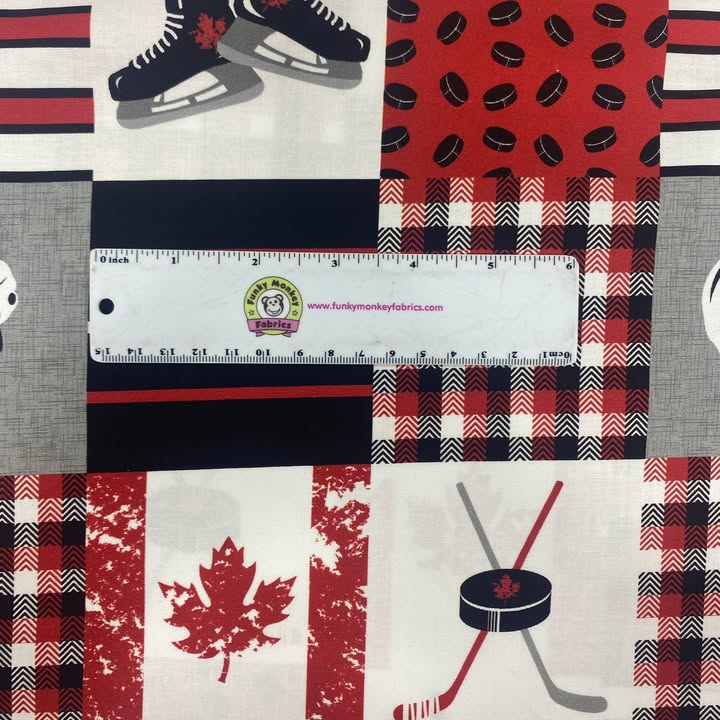 Red/Black/White Canadian Hockey Patchwork - Mook Fabrics Cotton