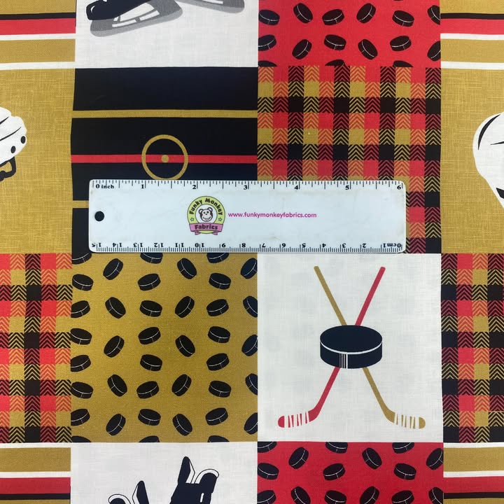Red/Gold/Black Hockey Patchwork - Mook Fabrics Cotton
