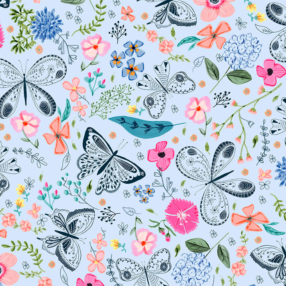 Pattern of butterflies and flowers on a light blue background