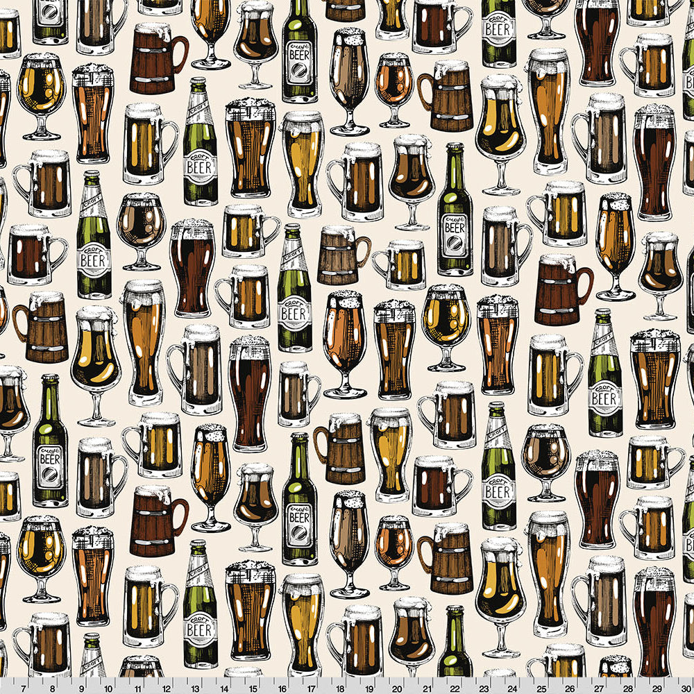 Pattern of beer bottles and glasses on a white background