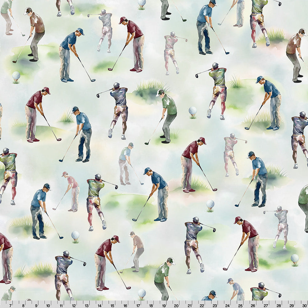 Pattern of golfers in various poses on a light background