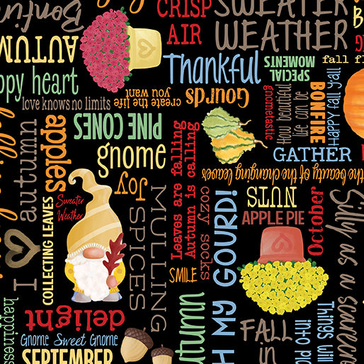 CLEARANCE Happy Fall Words on Black - Benartex Cotton