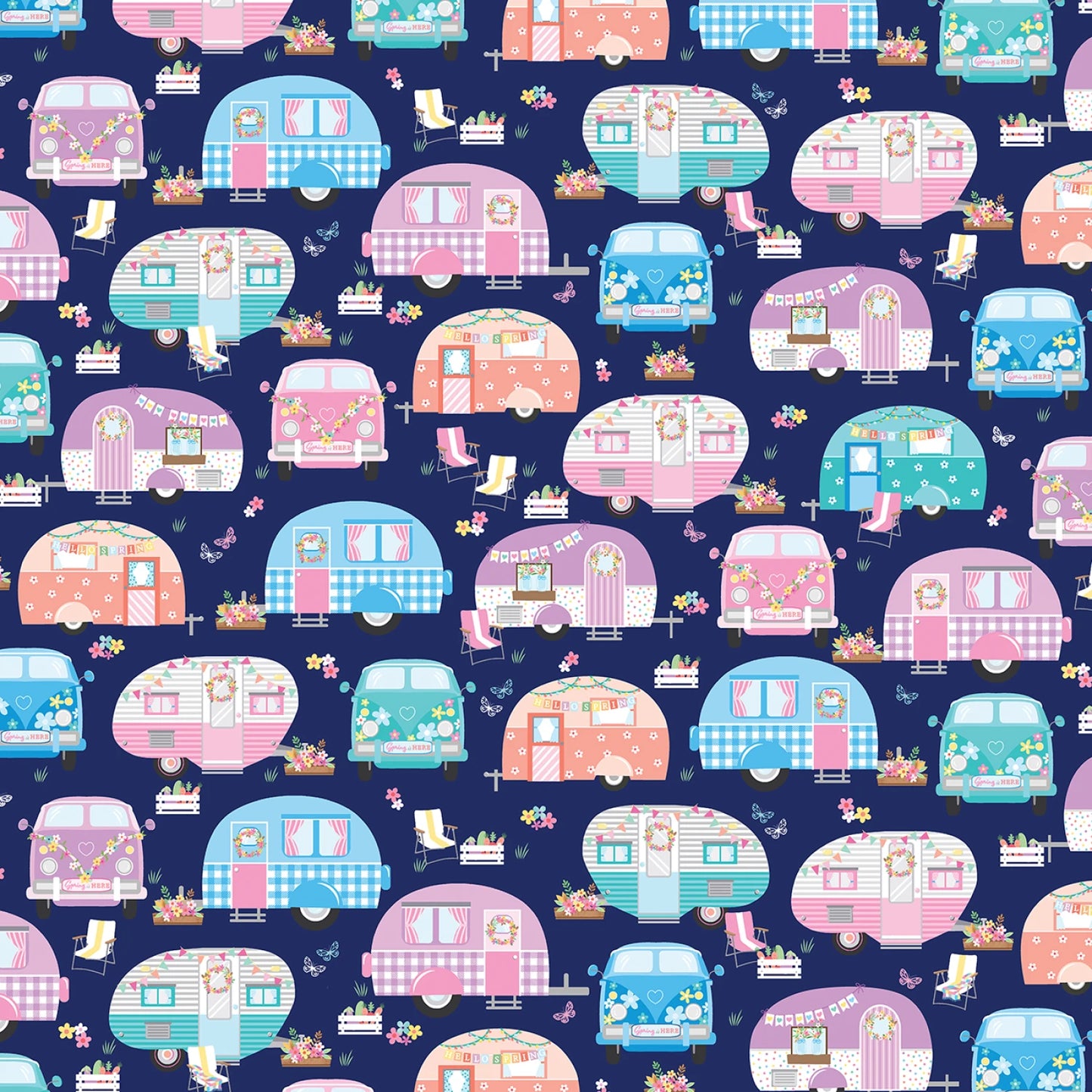 Springtime Campers Navy - Benartex Cotton