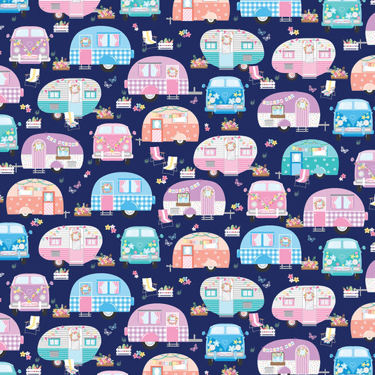 Springtime Campers Navy - Benartex Cotton