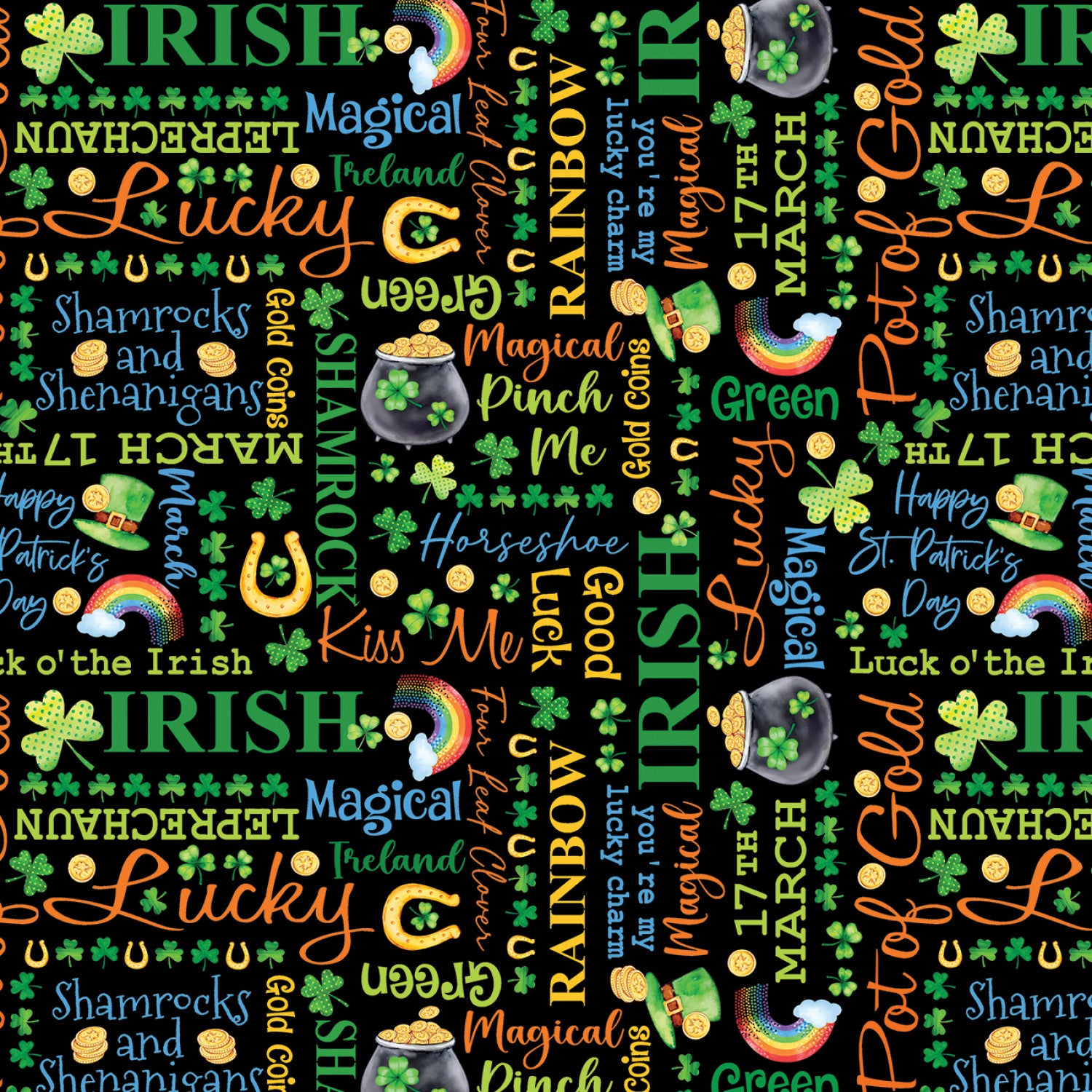 Lucky Words St. Patrick's Day on Black - Kanvas Cotton (14696B-12)