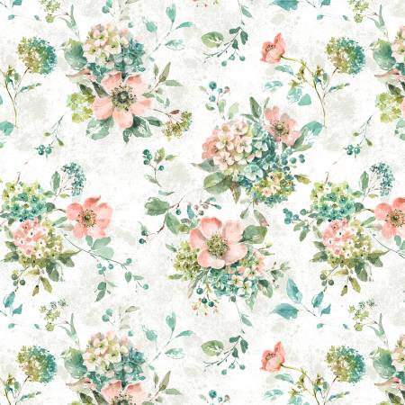 Mint Crush White Floral Bouquet - Wilmington Prints Cotton