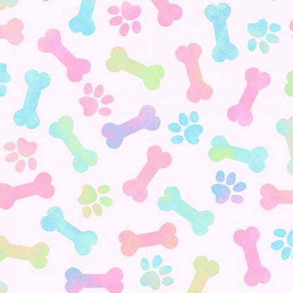 Pattern of colorful bones and paw prints on a light pink background
