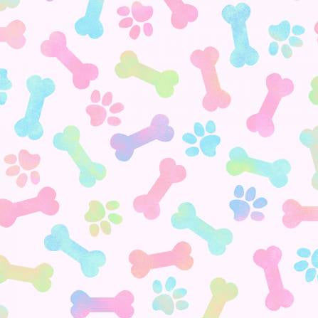 Pattern of colorful bones and paw prints on a light pink background