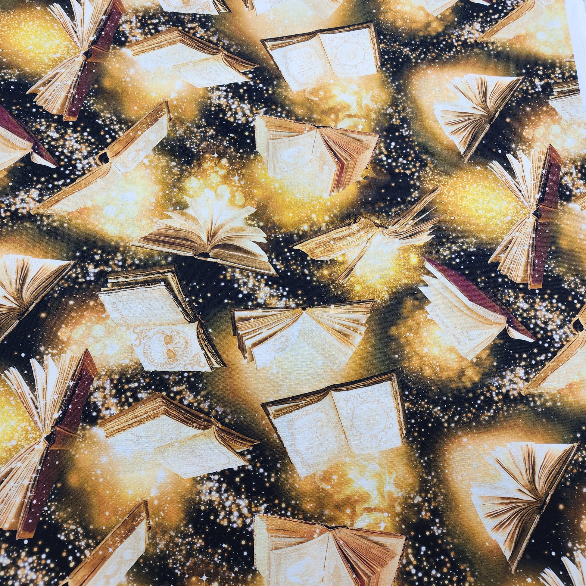 CLEARANCE Gold Magic Spell Books Flying - Timeless Treasures Cotton