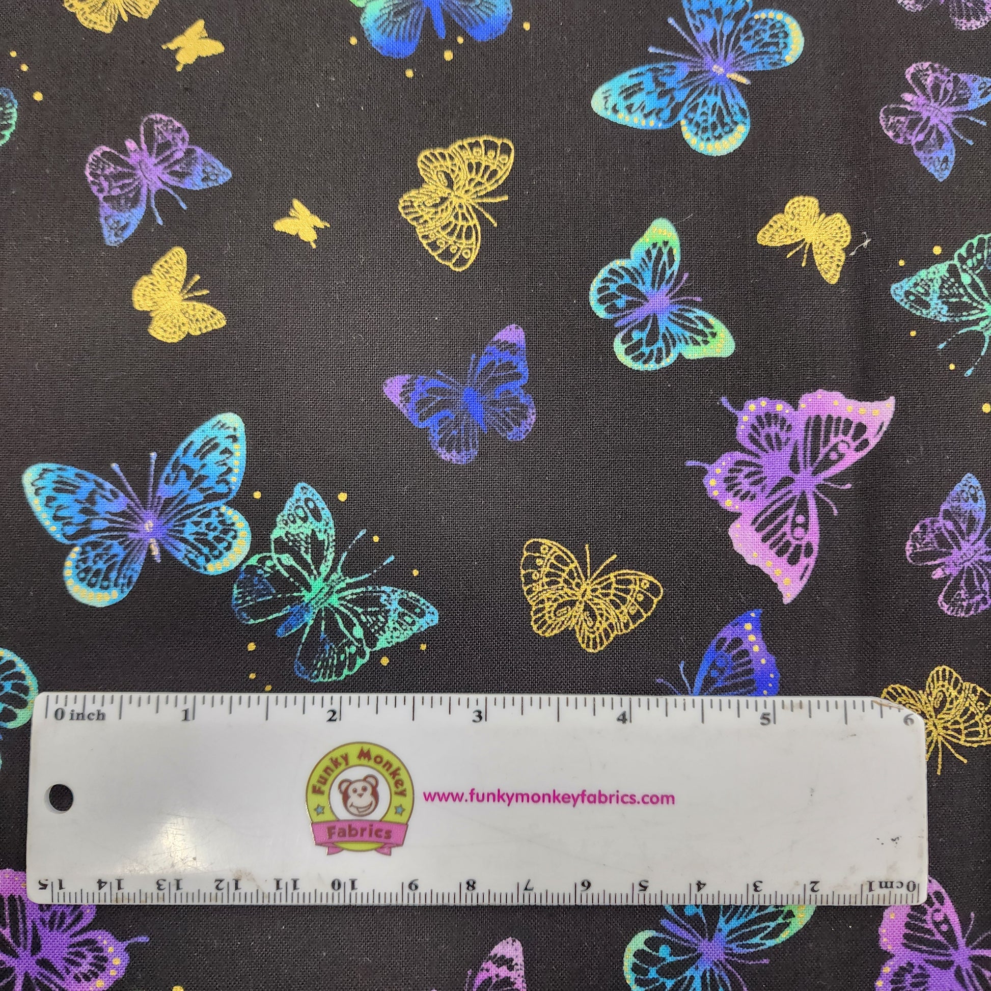 CLEARANCE Black Tossed Butterflies Dots Metallic - Timeless Treasures Cotton