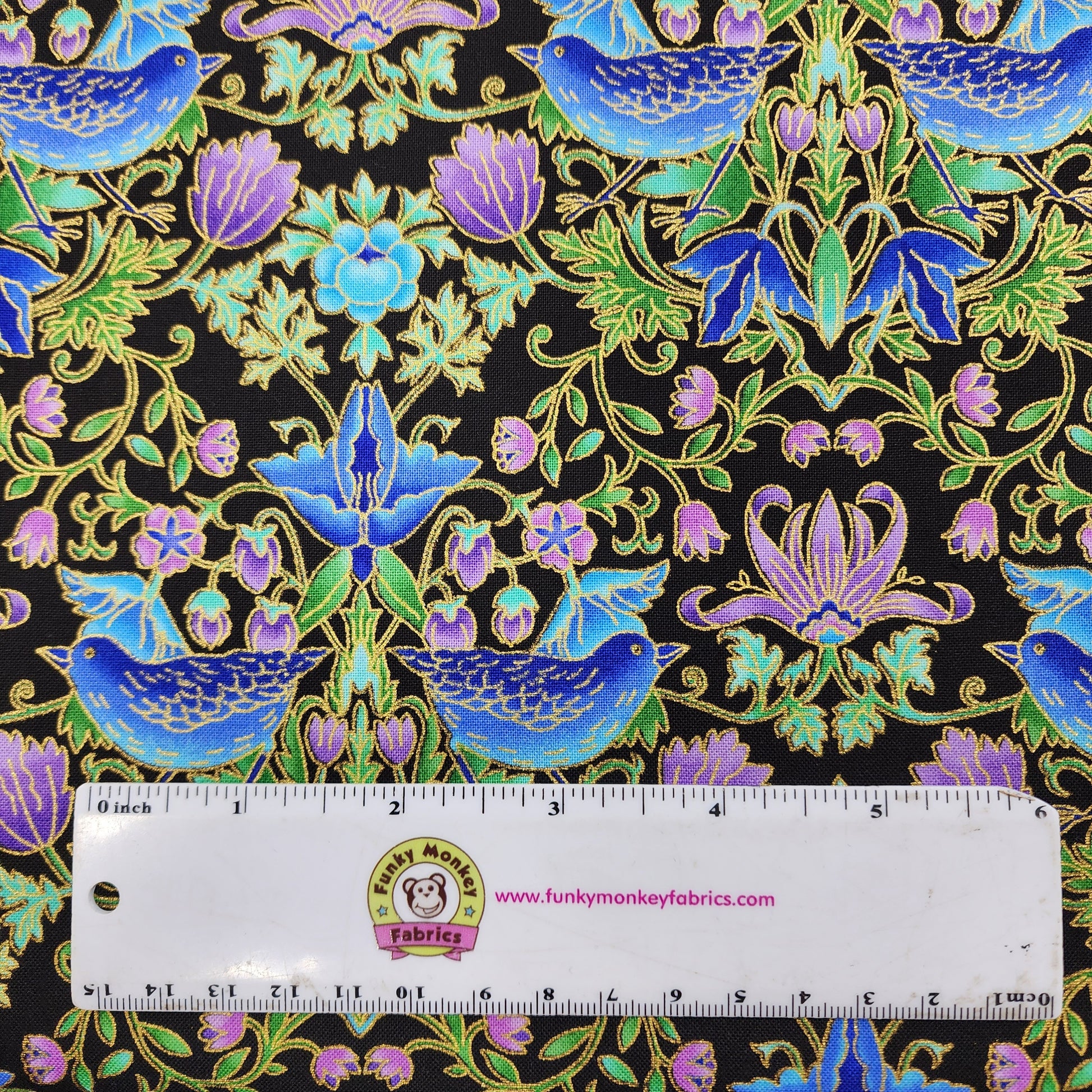 Blue Floral With Birds Metallic - Timeless Treasures Cotton
