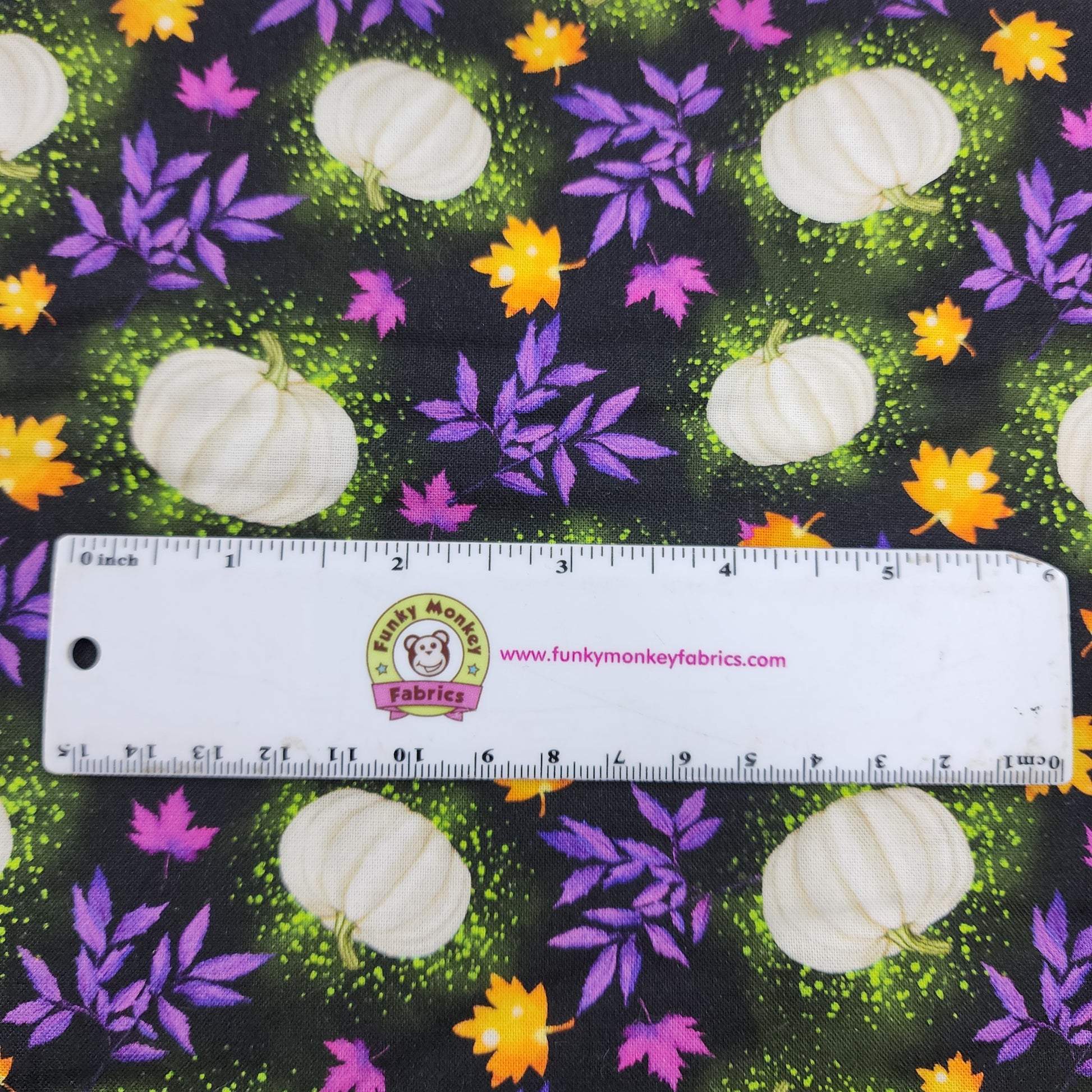 CLEARANCE Pumpkins with Leaves on Black - Blank Cotton