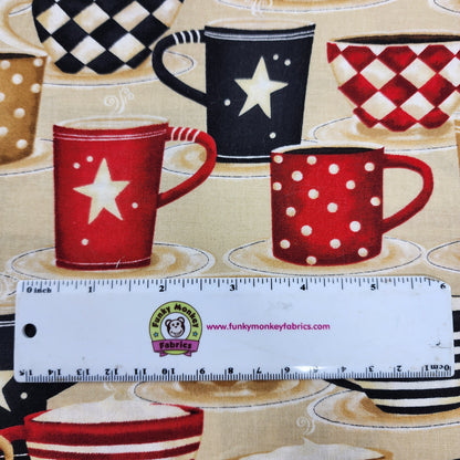 CLEARANCE Large Coffee Cups on Tan - Wilmington Prints Cotton