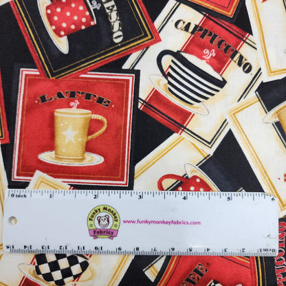 Coffee Always Labels on Black - Wilmington Prints Cotton