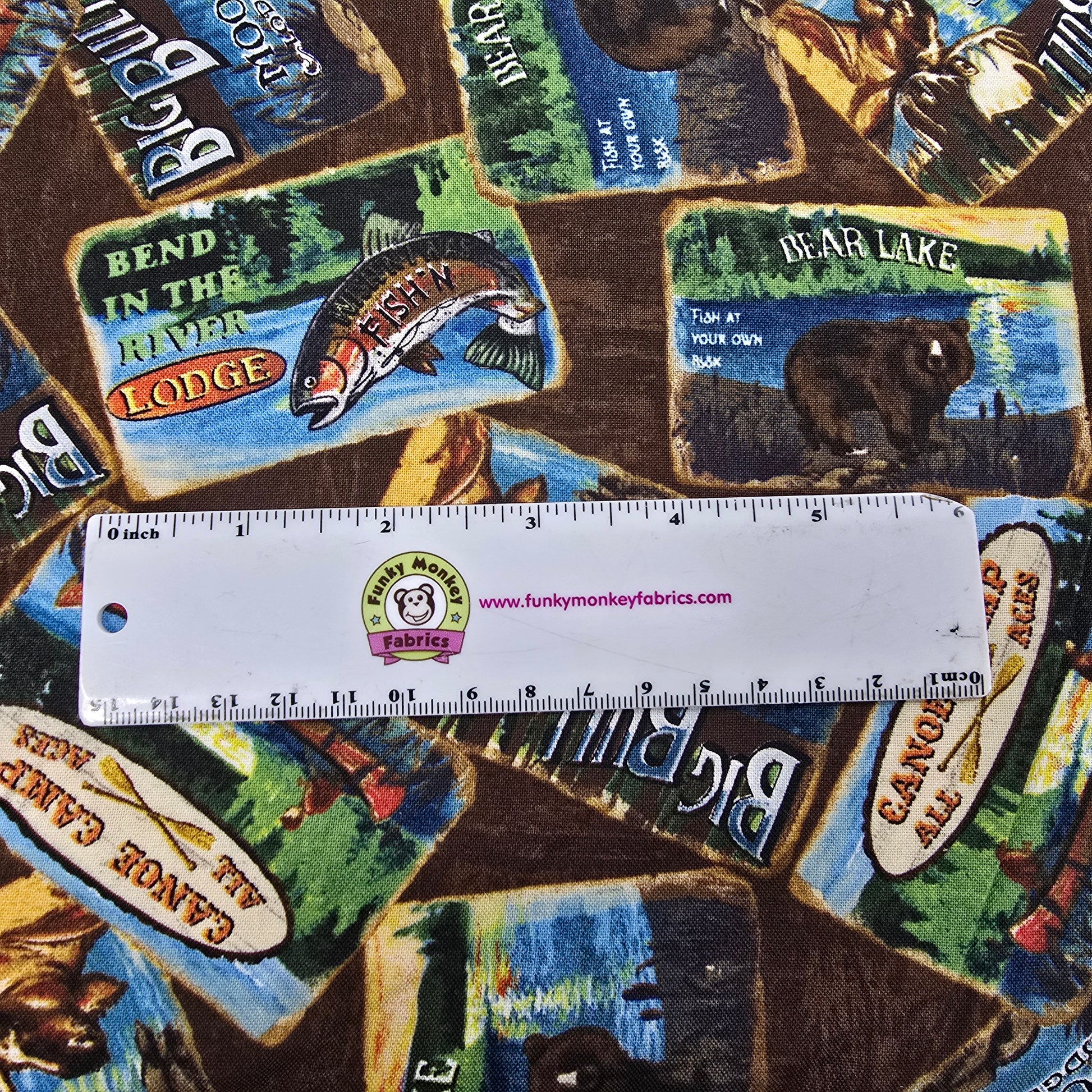 CLEARANCE Lake Adventure Brown Signs - Wilmington Prints Cotton