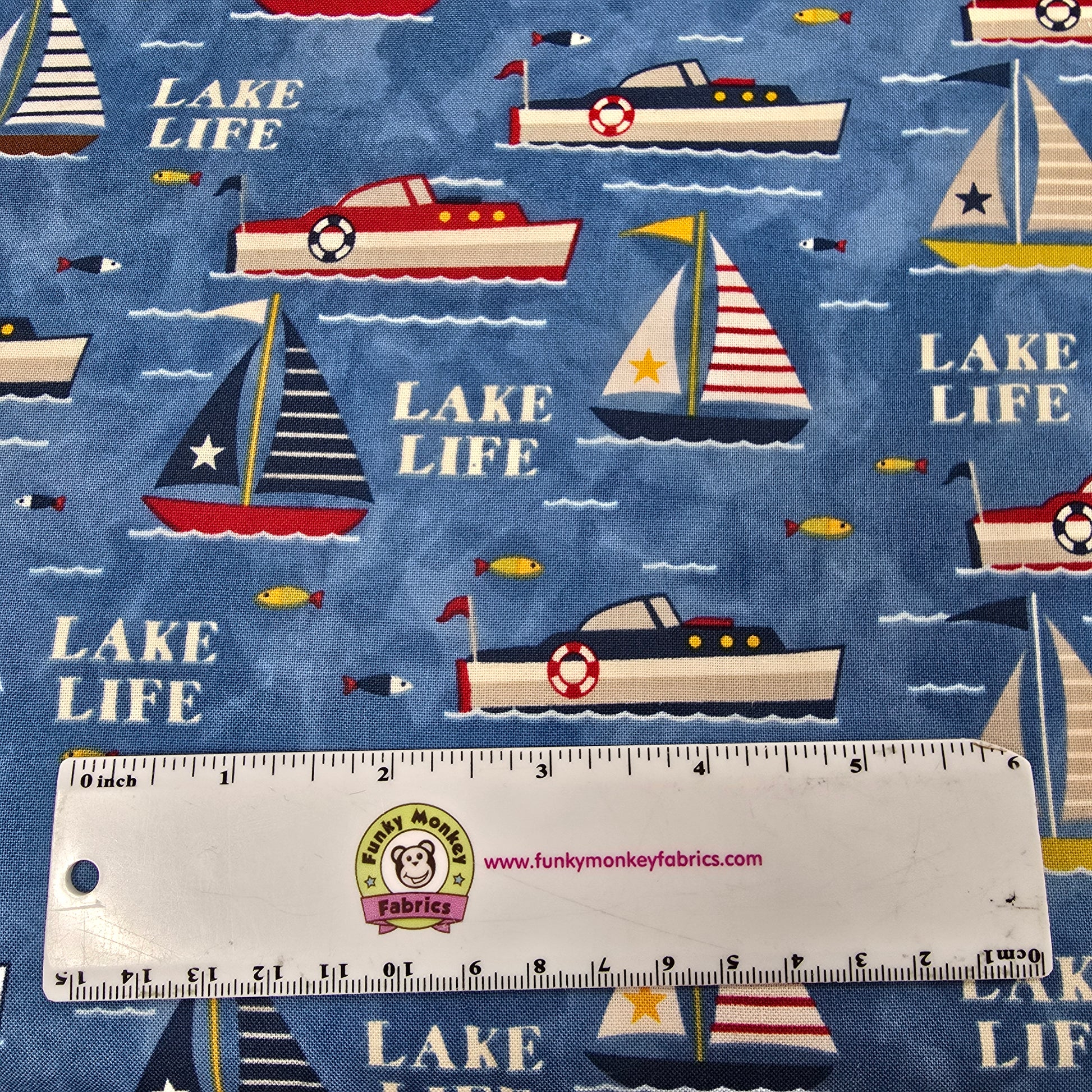 CLEARANCE Lake Life Blue Boats - Wilmington Prints Cotton