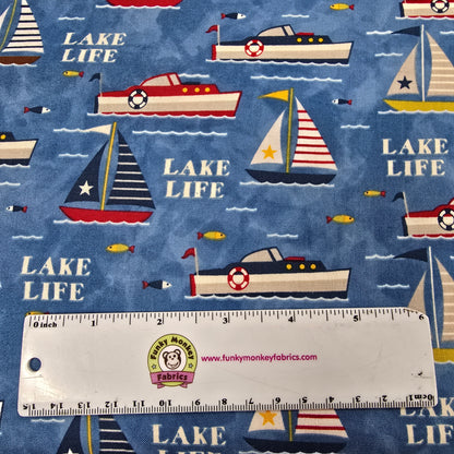 CLEARANCE Lake Life Blue Boats - Wilmington Prints Cotton