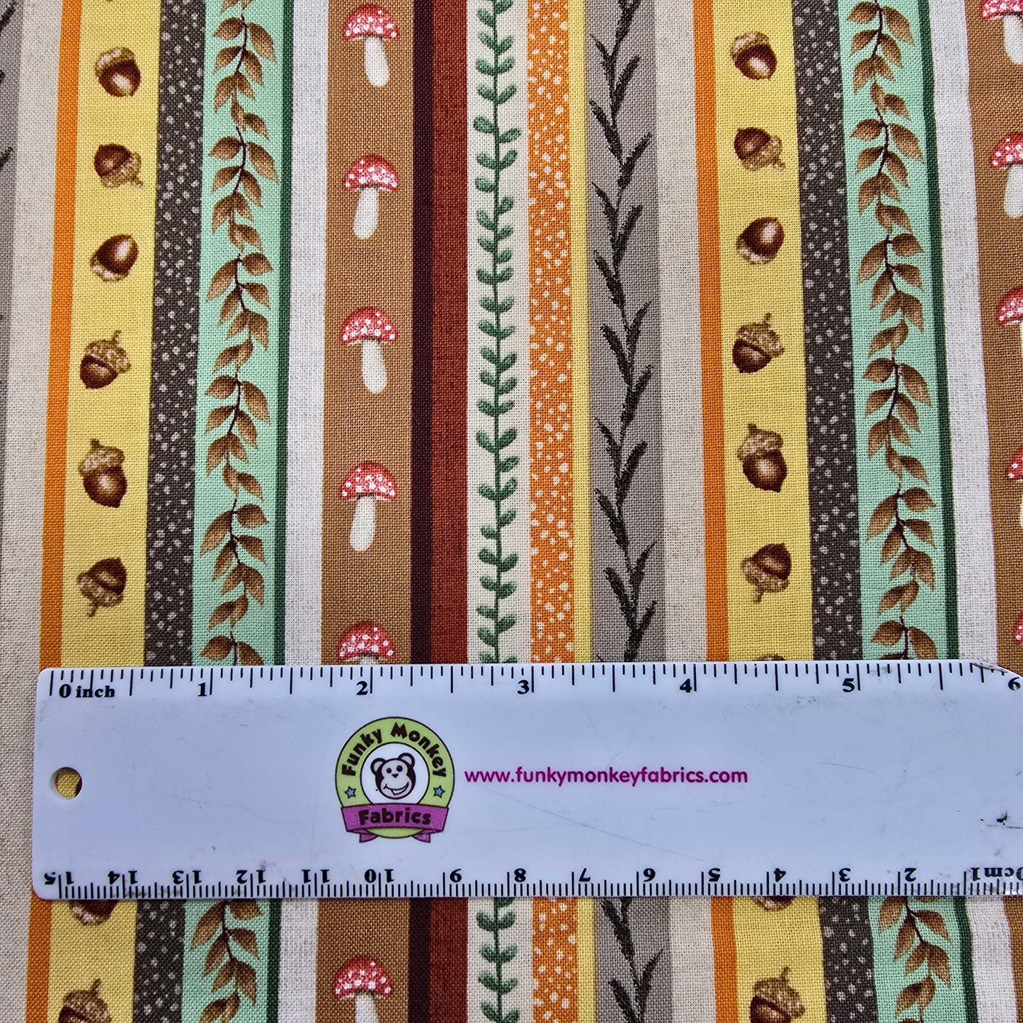 CLEARANCE Mushroom & Acorn Stripe - Studio E Cotton
