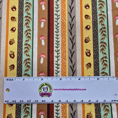 CLEARANCE Mushroom & Acorn Stripe - Studio E Cotton