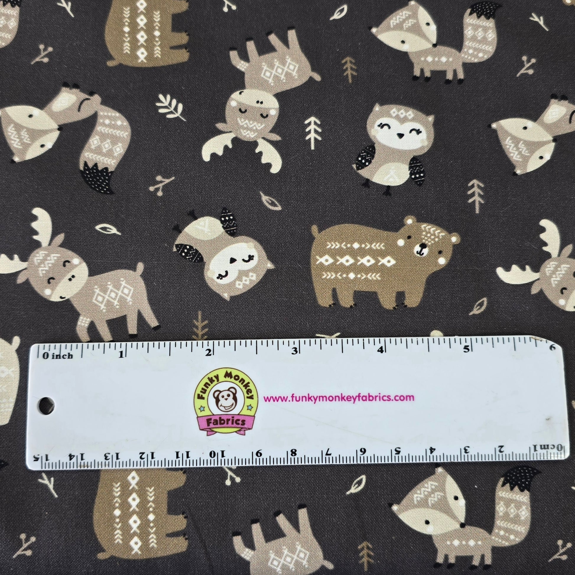 Charcoal Aztec Woodland Friends - Camelot Cotton