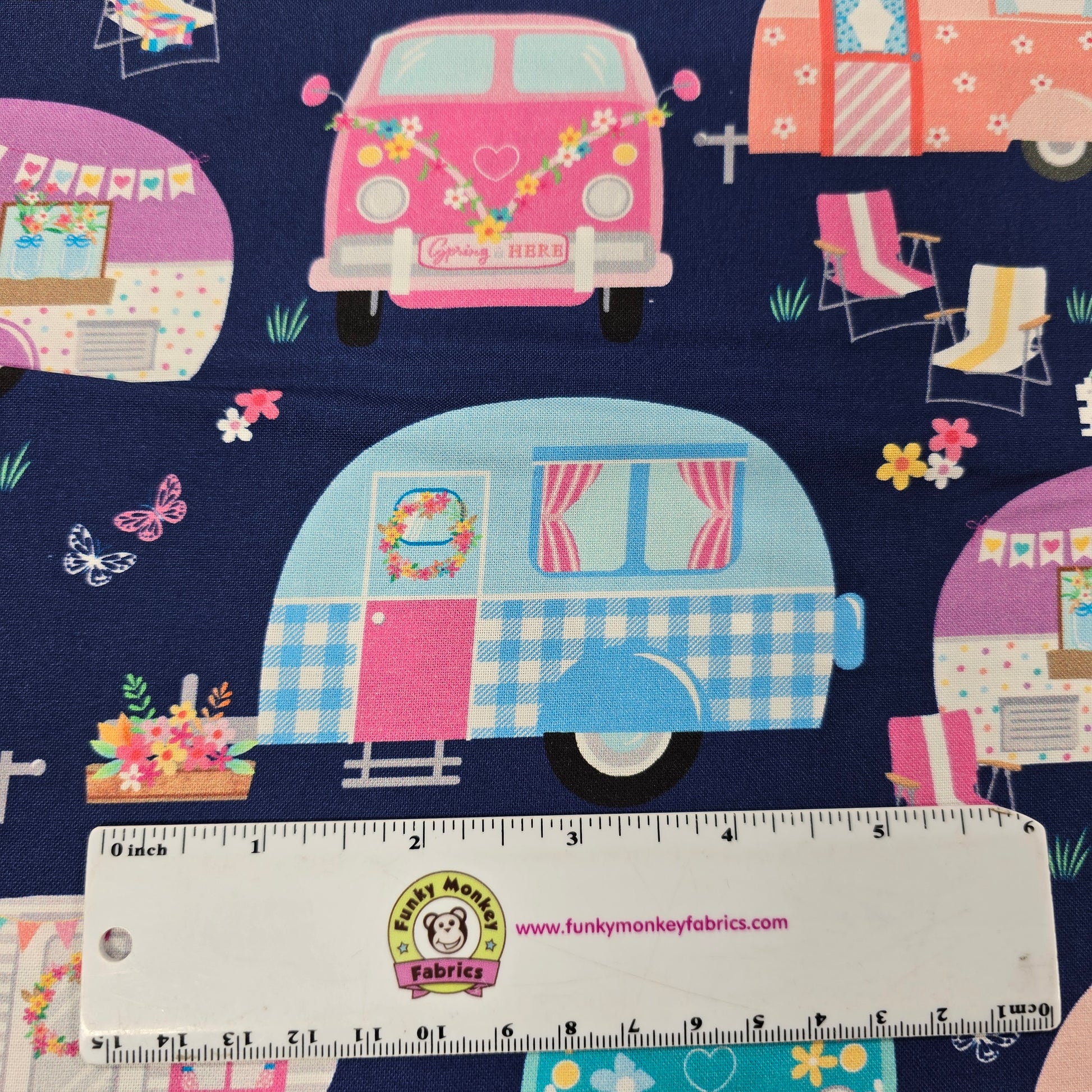 Springtime Campers Navy - Benartex Cotton