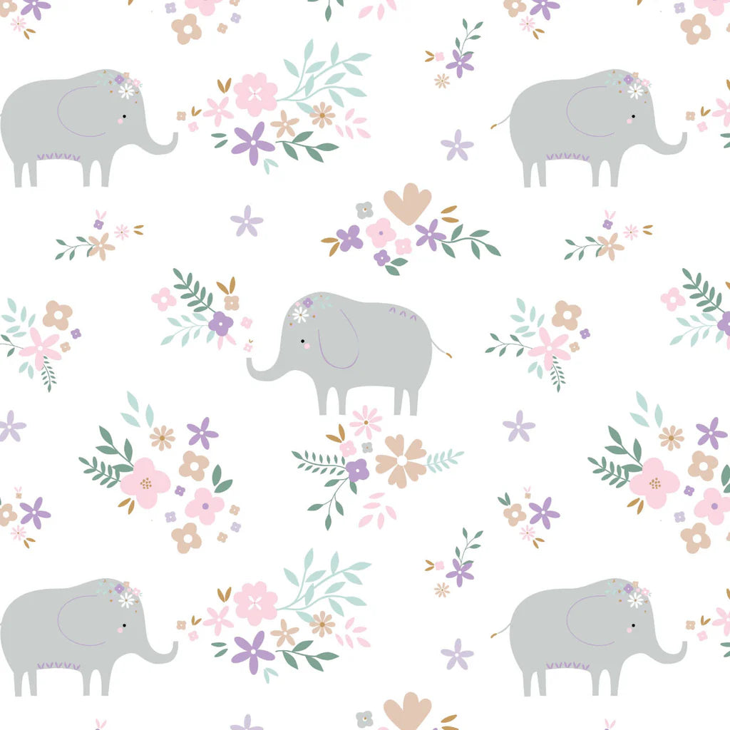 Elephant Floral on White - Camelot Flannel