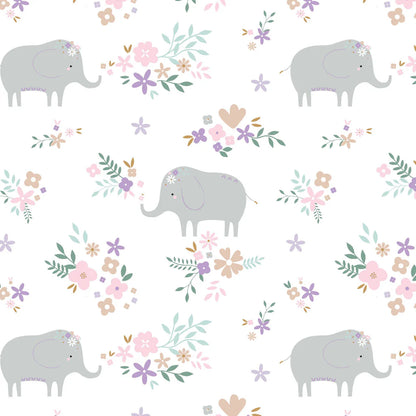 Elephant Floral on White - Camelot Flannel