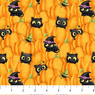 CLEARANCE Orange Multi Double Bubble Kitty Trouble - Northcott Cotton