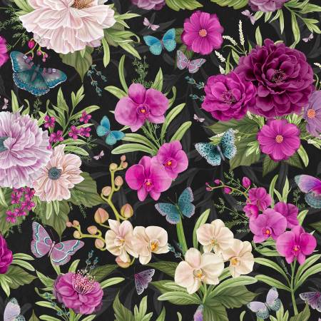 Black Large Floral Midnight Garden - Wilmington Prints Cotton