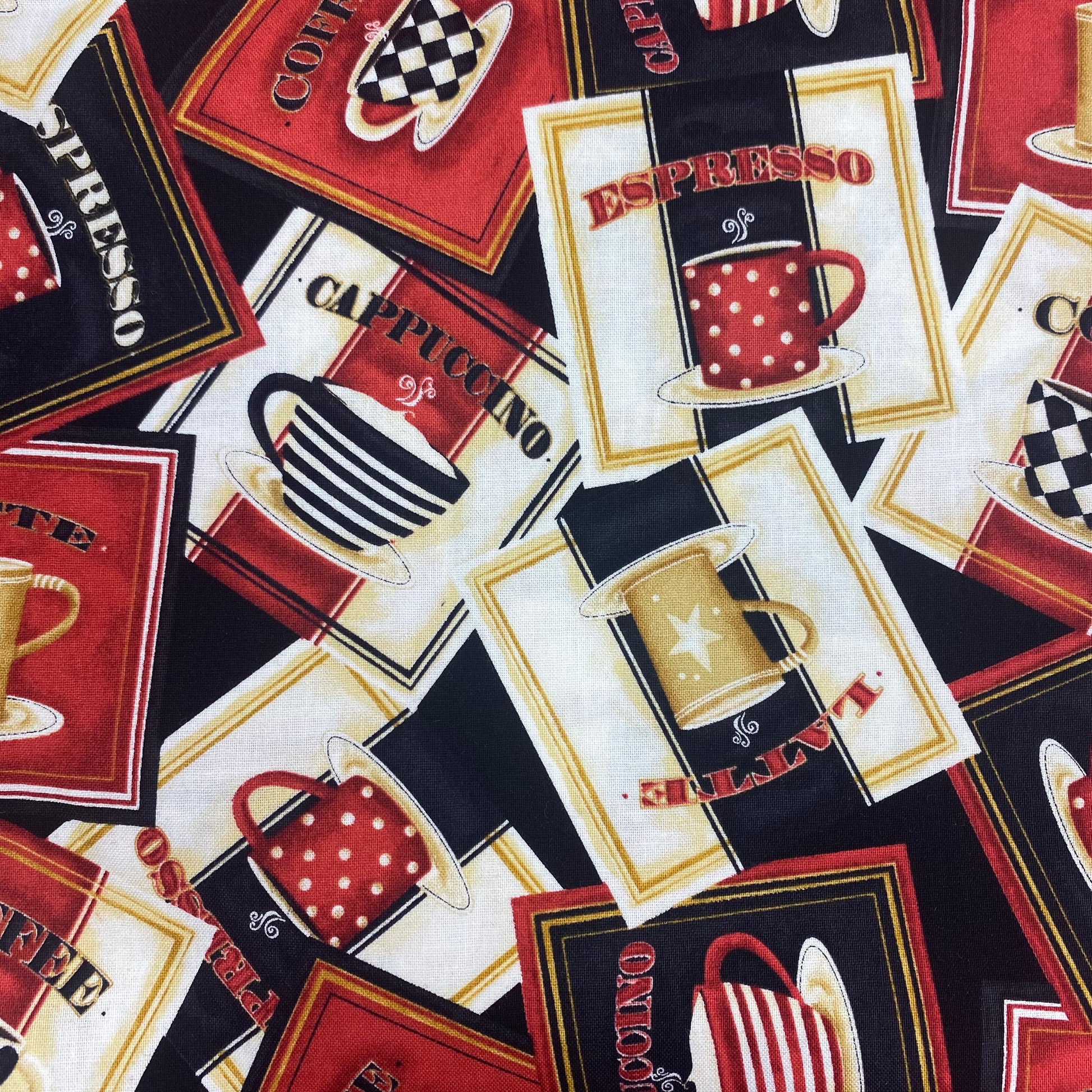 Coffee Always Labels on Black - Wilmington Prints Cotton