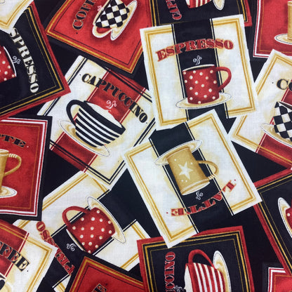 Coffee Always Labels on Black - Wilmington Prints Cotton