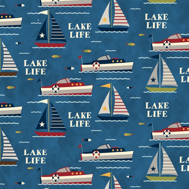 CLEARANCE Lake Life Blue Boats - Wilmington Prints Cotton