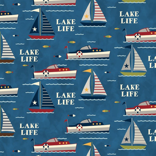 CLEARANCE Lake Life Blue Boats - Wilmington Prints Cotton