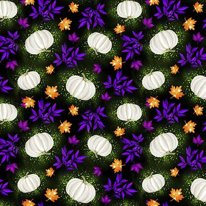 CLEARANCE Pumpkins with Leaves on Black - Blank Cotton