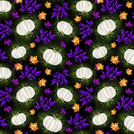 CLEARANCE Pumpkins with Leaves on Black - Blank Cotton