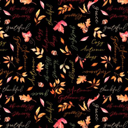 Autumn Words Allover Black - Wilmington Prints Cotton (33866-983)