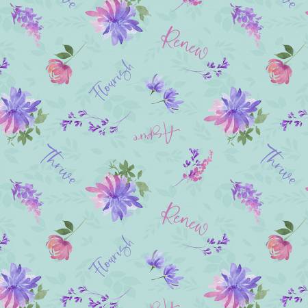 Teal Word Toss Floral Party - Wilmington Prints Cotton