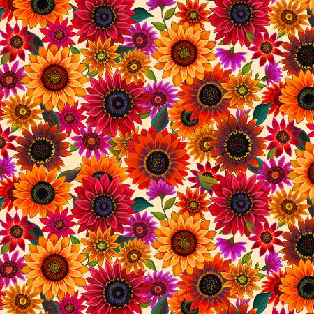 Orange/Red Packed Sunflowers - Elizabeth's Studio Cotton