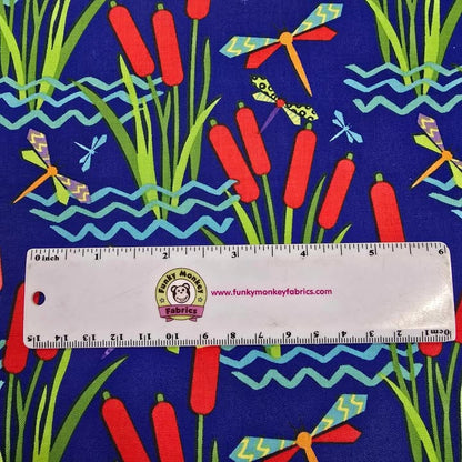 Cattails and Dragonflies on Dk. Blue - Blank Cotton (2967-77)