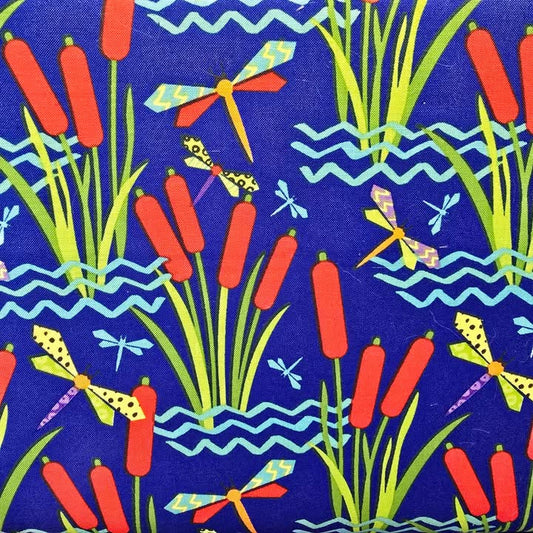 Cattails and Dragonflies on Dk. Blue - Blank Cotton (2967-77)