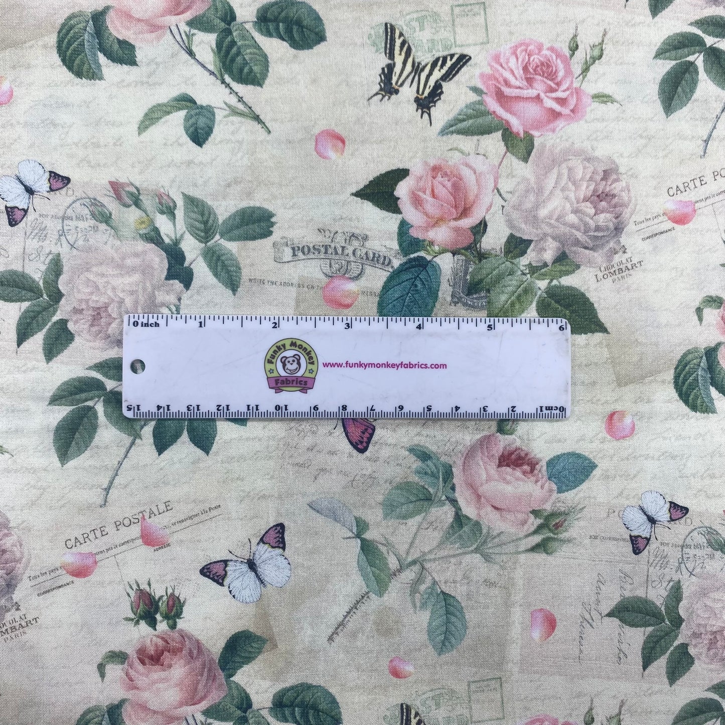 CLEARANCE Cream Roses & Butterflies On Postcards - Timeless Treasures Cotton