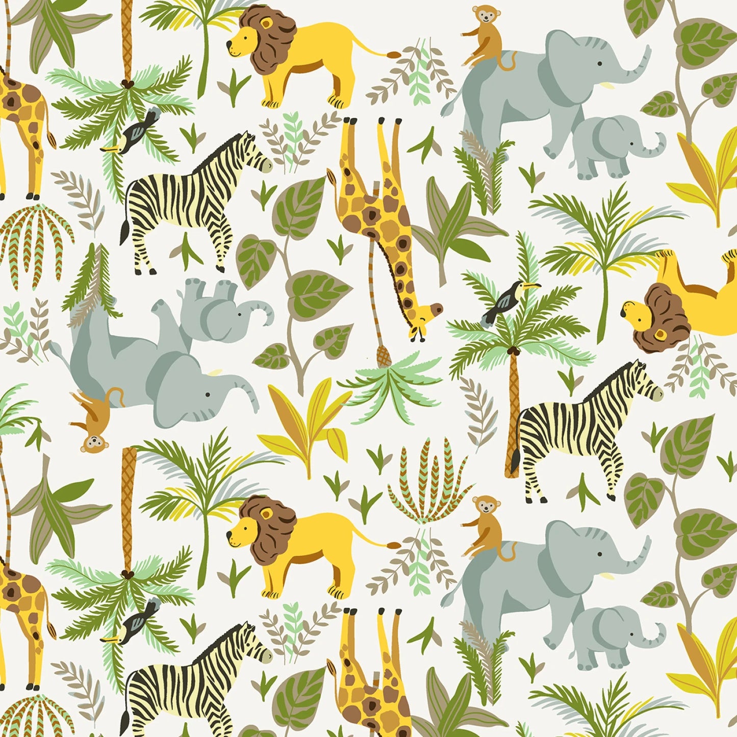 Pattern of jungle animals including elephants, giraffes, zebras, and monkeys on a white background.