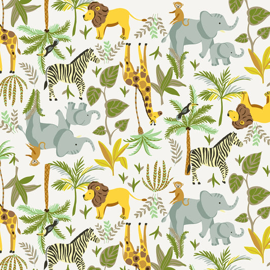 Pattern of jungle animals including elephants, giraffes, zebras, and monkeys on a white background.
