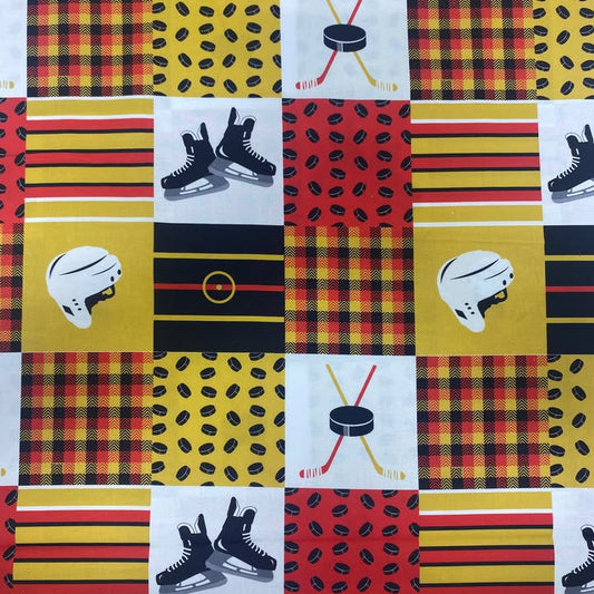 Yellow/Red/White Hockey Patchwork - Mook Fabrics Cotton