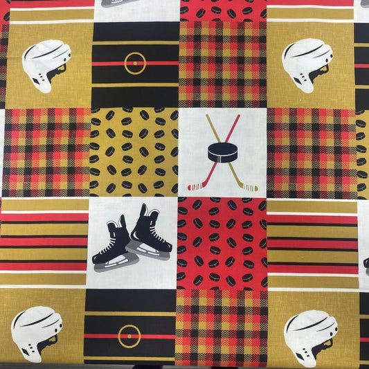 Red/Gold/Black Hockey Patchwork - Mook Fabrics Cotton