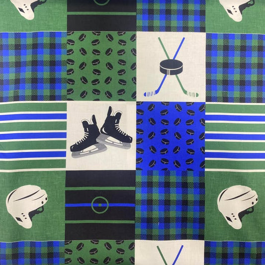 Blue/Green Hockey Patchwork - Mook Fabrics Cotton