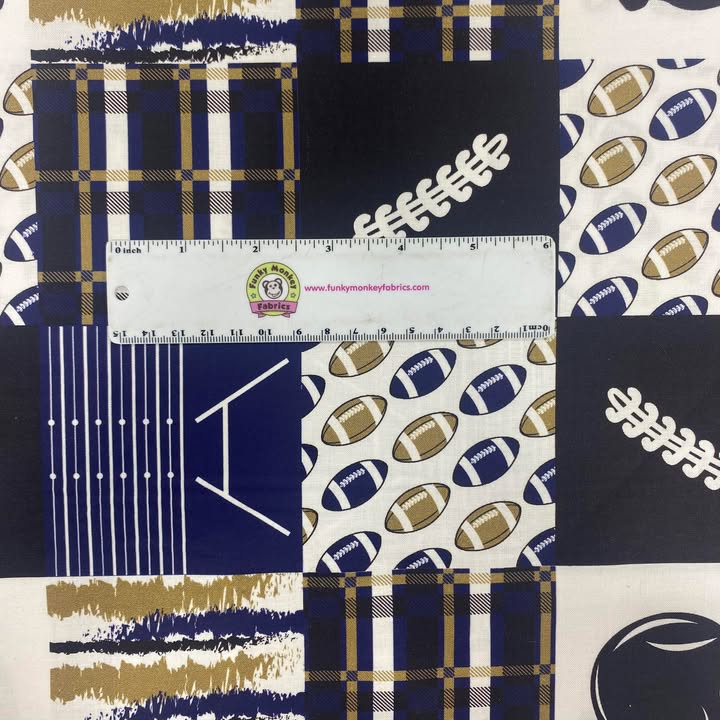 Blue/Gold Football Patchwork - Mook Fabrics Cotton