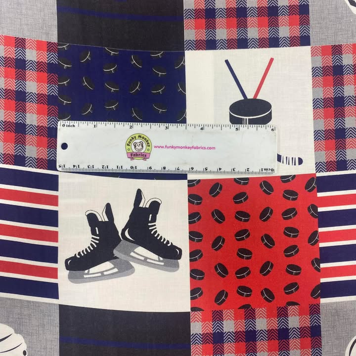 Red/Blue/Grey Hockey Patchwork - Mook Fabrics Cotton